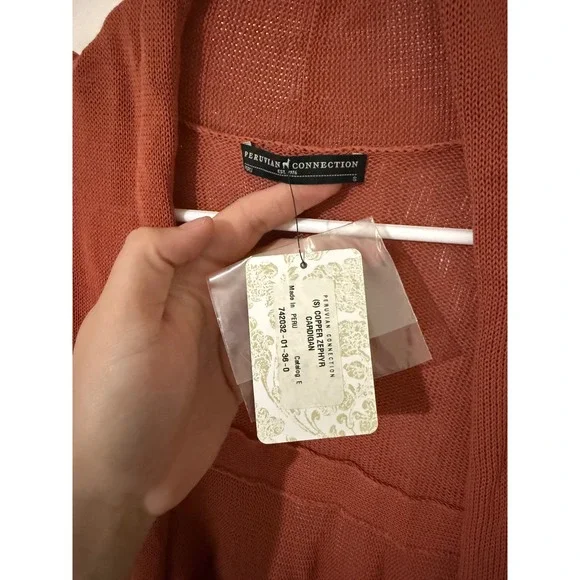 PERUVIAN CONNECTION Copper Cardigan Lightweight Knit Open Front Rust Women Small - Picture 4 of 5